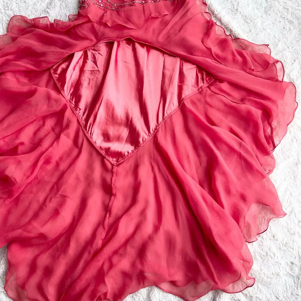 Scala prom dress coral pink 100% silk ruffle hem slip gown beaded sequin‎ formal